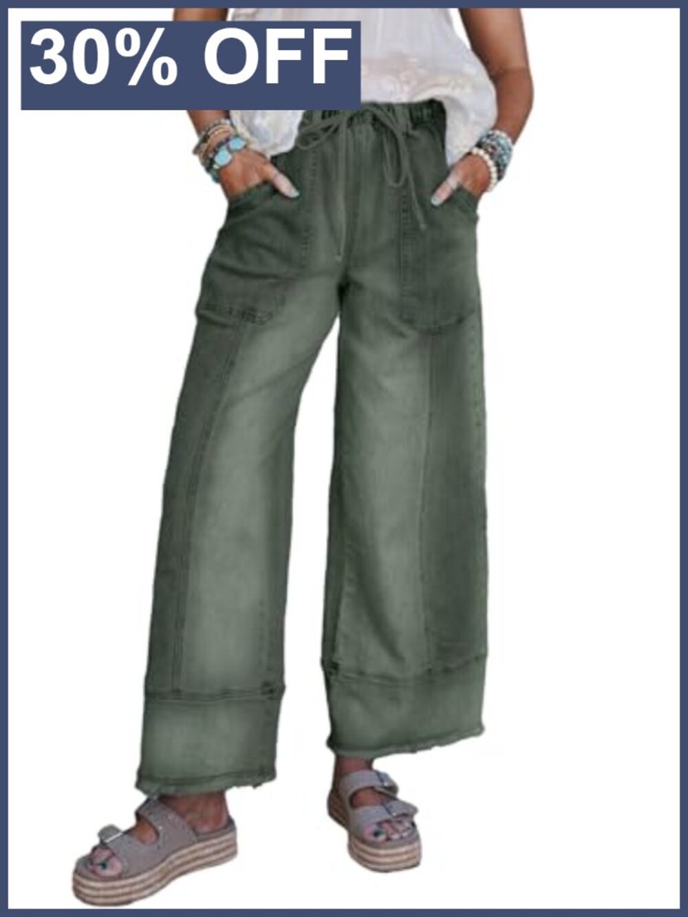 SHEWIN Wide Leg High Waisted Baggy Stretchy Drawstring Jeans Raw Hem Pockets